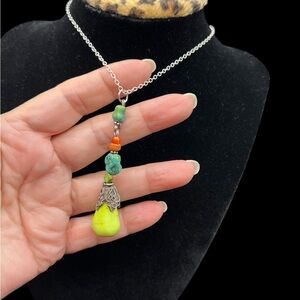 Silver Necklace with Green turquoise and coral Pendant